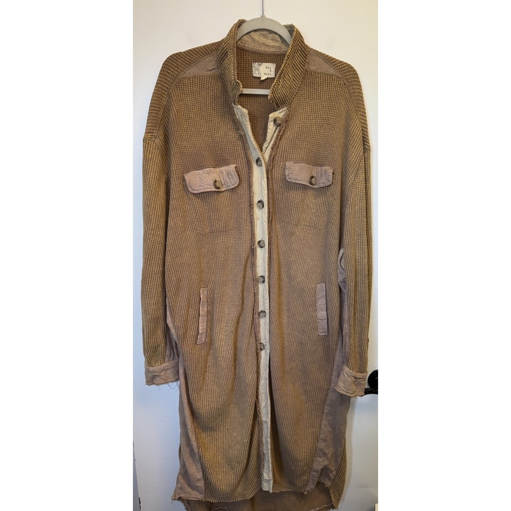Oli & Hali Oversized Textured Waffle Knit Raw Hem Tunic Dress Shirt Duster M/L
